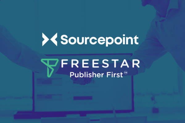 logos of freestar and sourcepoint over a photo of a handshake