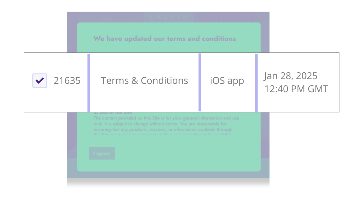 Screenshot of a line in the Transaction Receipts feature depicting an acceptance to Terms & Conditions in an iOS app and a timestamp